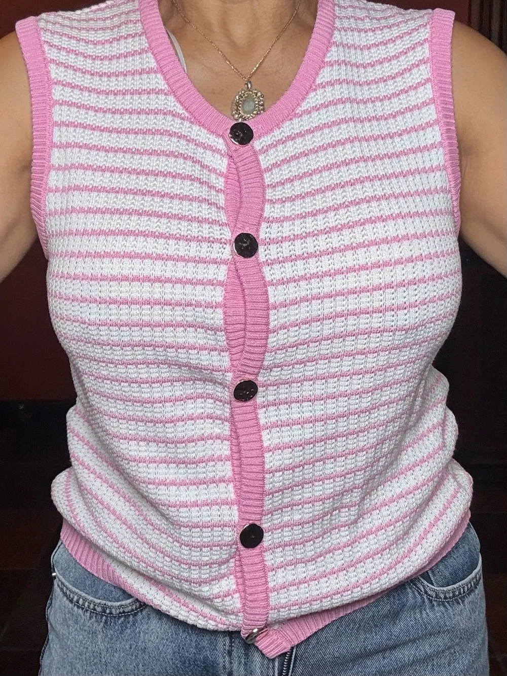 Love Tree Pink & White Striped Sleeveless Button Cardigan